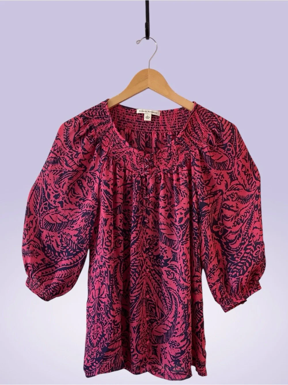 BANANA REPUBLIC | Pink & Navy Abstract Print Smocked Blouse | Size L
